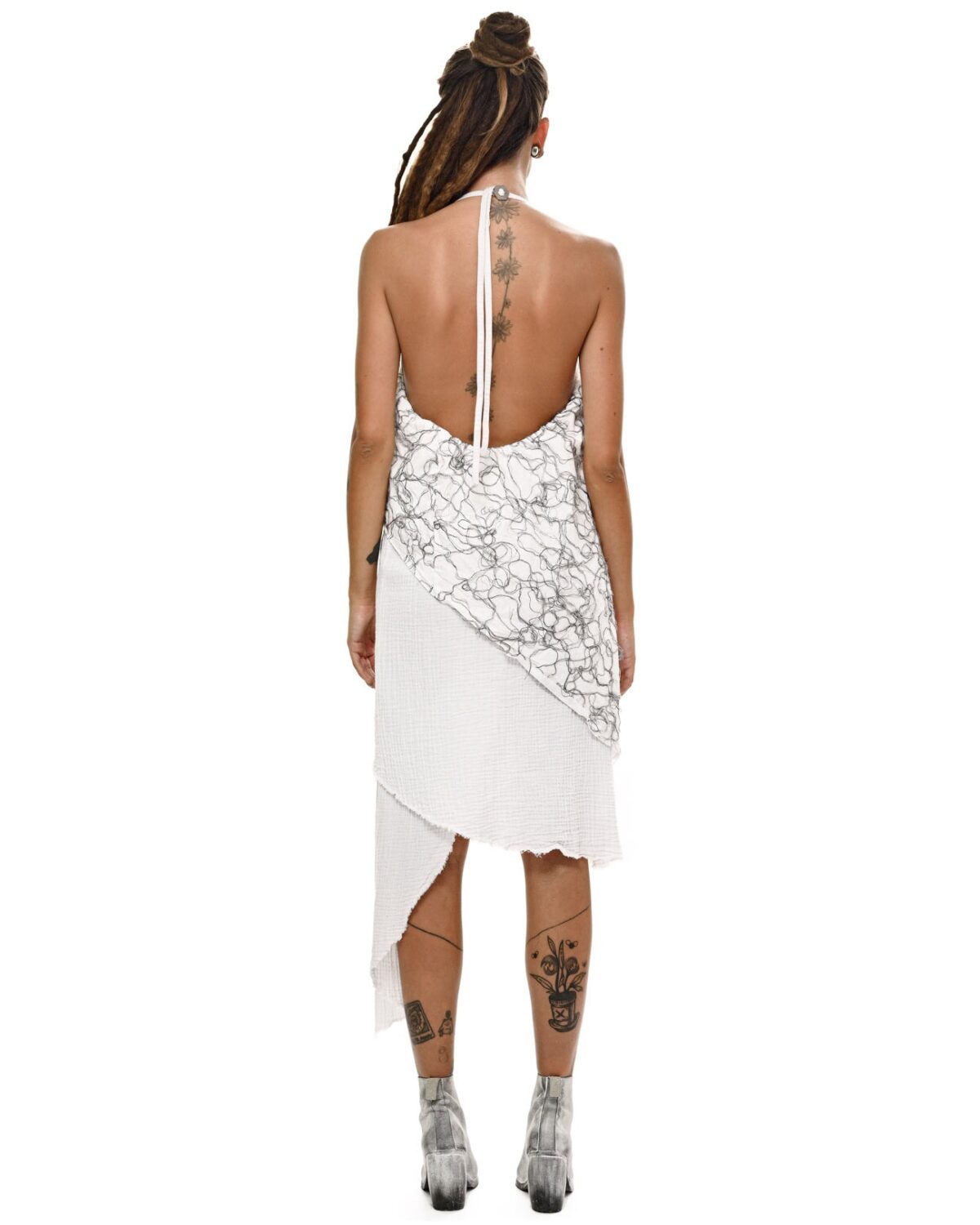 MINOAR - Diffused Asymmetry Soft Layers Dress, Women's white cotton dress with Fiber-Bond texture - 4