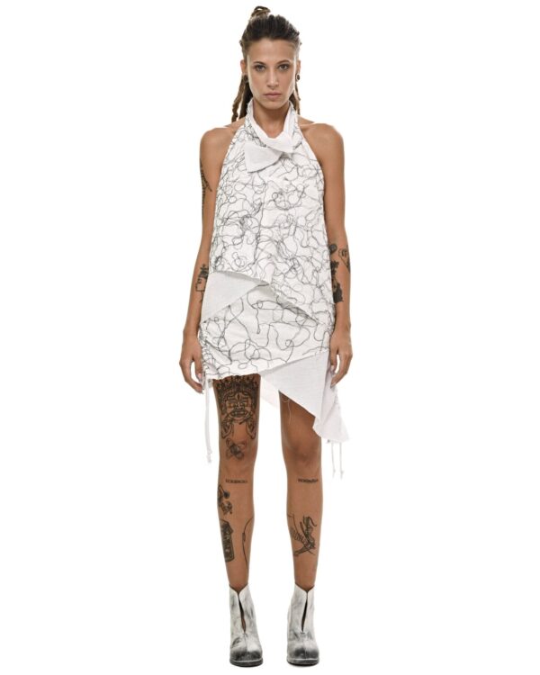 MINOAR - Diffused Layers Collar Open Dress, Women's white cotton dress with Fiber-Bond texture - 1