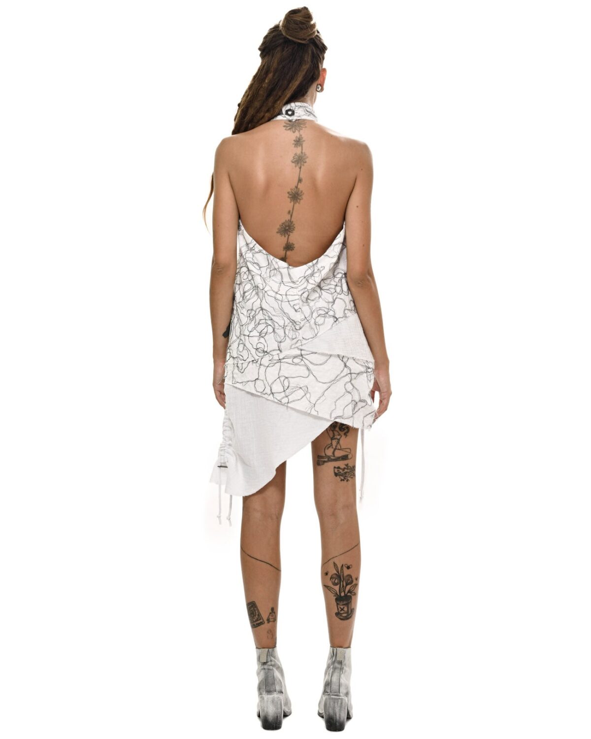MINOAR - Diffused Layers Collar Open Dress, Women's white cotton dress with Fiber-Bond texture - 4