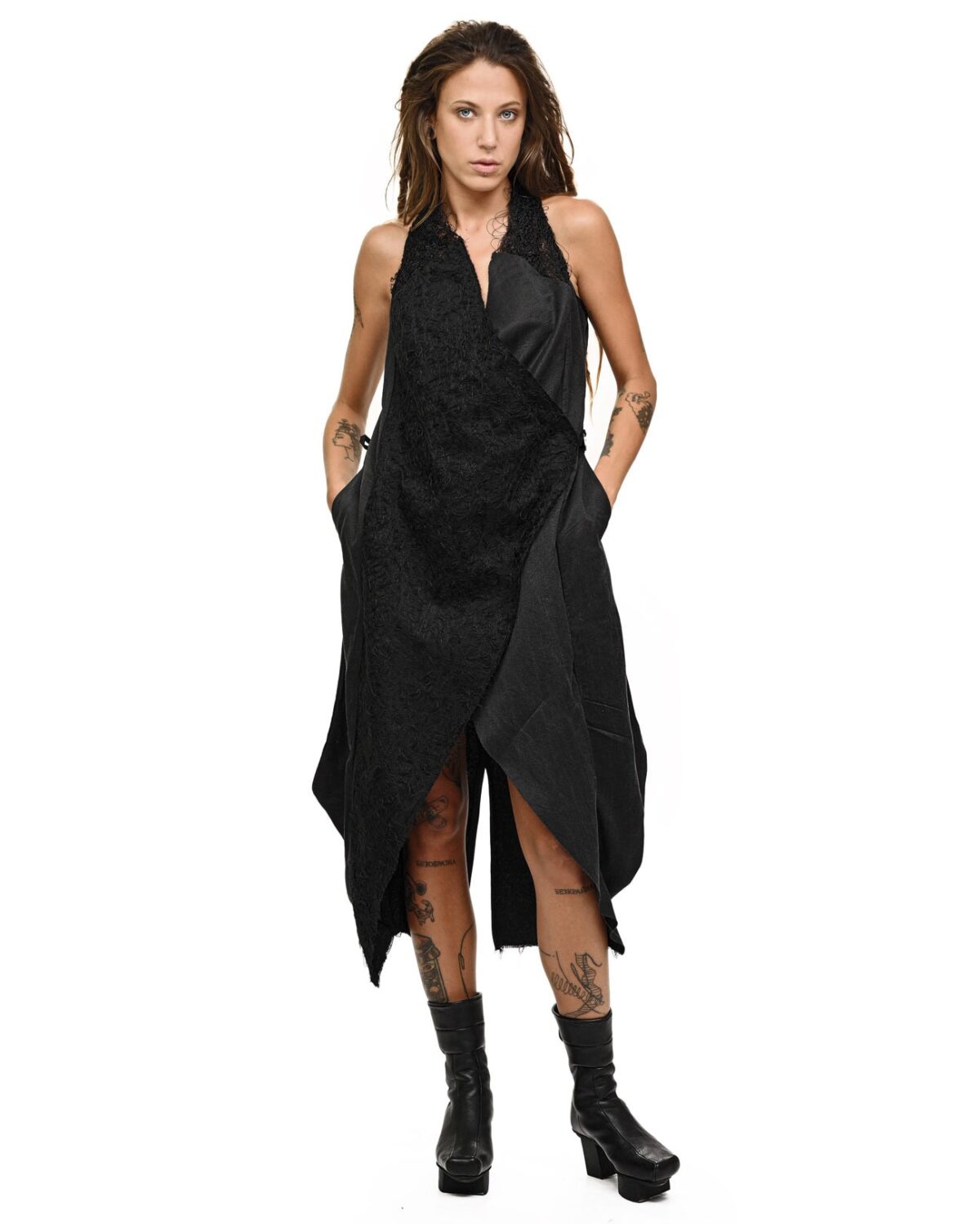 MINOAR - Silk Fiber Bond Construct Dress, Women's black viscose dress with Fiber-Bond texture - 4
