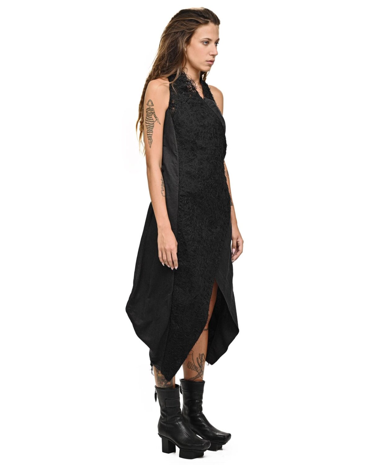 MINOAR - Silk Fiber Bond Construct Dress, Women's black viscose dress with Fiber-Bond texture - 5