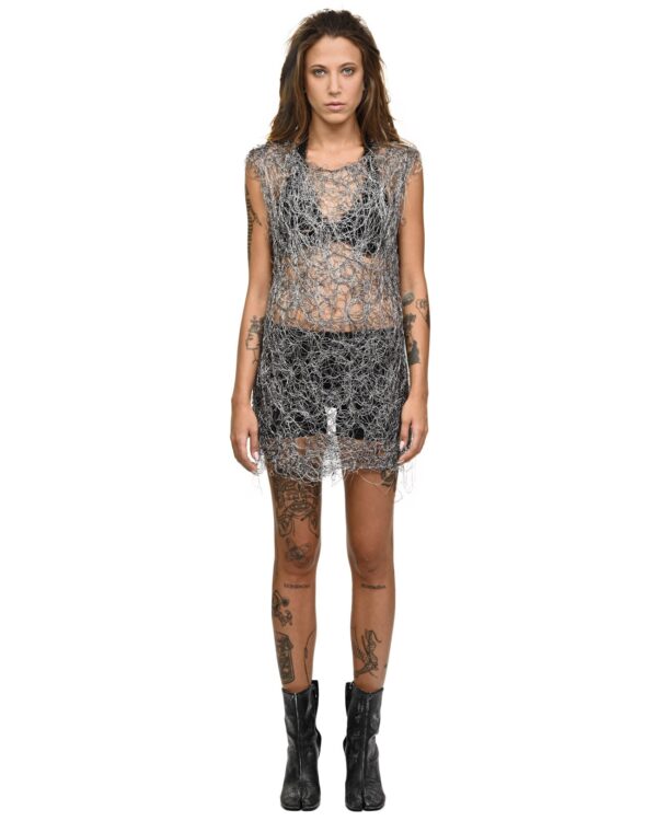 MINOAR - Fiber Web Contrast Elongated Top, Women's grey viscose top with Fiber-Bond texture - 1