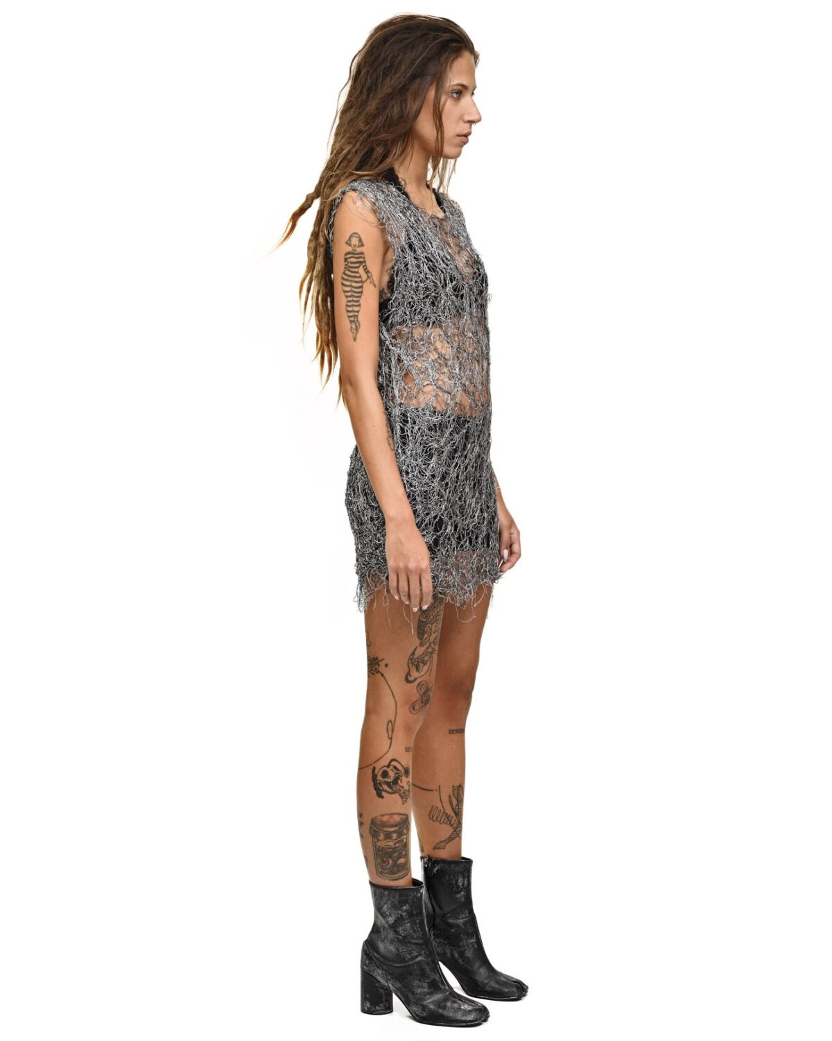 MINOAR - Fiber Web Contrast Elongated Top, Women's grey viscose top with Fiber-Bond texture - 3