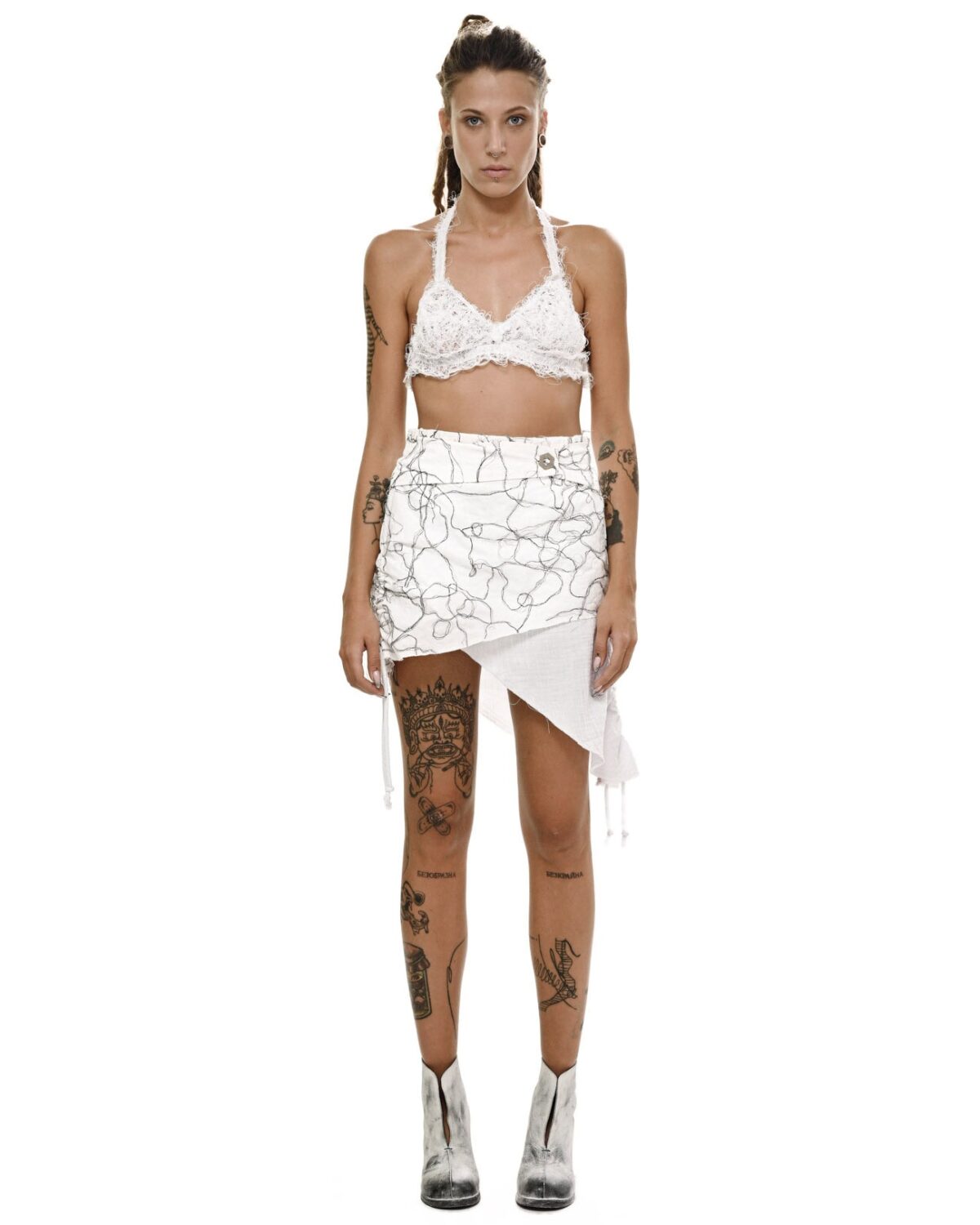 MINOAR - Diffused Asymmetry Adjustable Skirt, Women's white cotton skirt with Fiber-Bond texture - 6