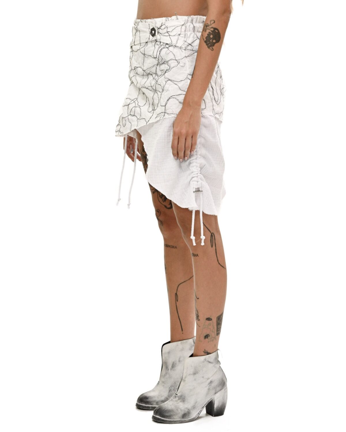 MINOAR - Diffused Asymmetry Adjustable Skirt, Women's white cotton skirt with Fiber-Bond texture - 5