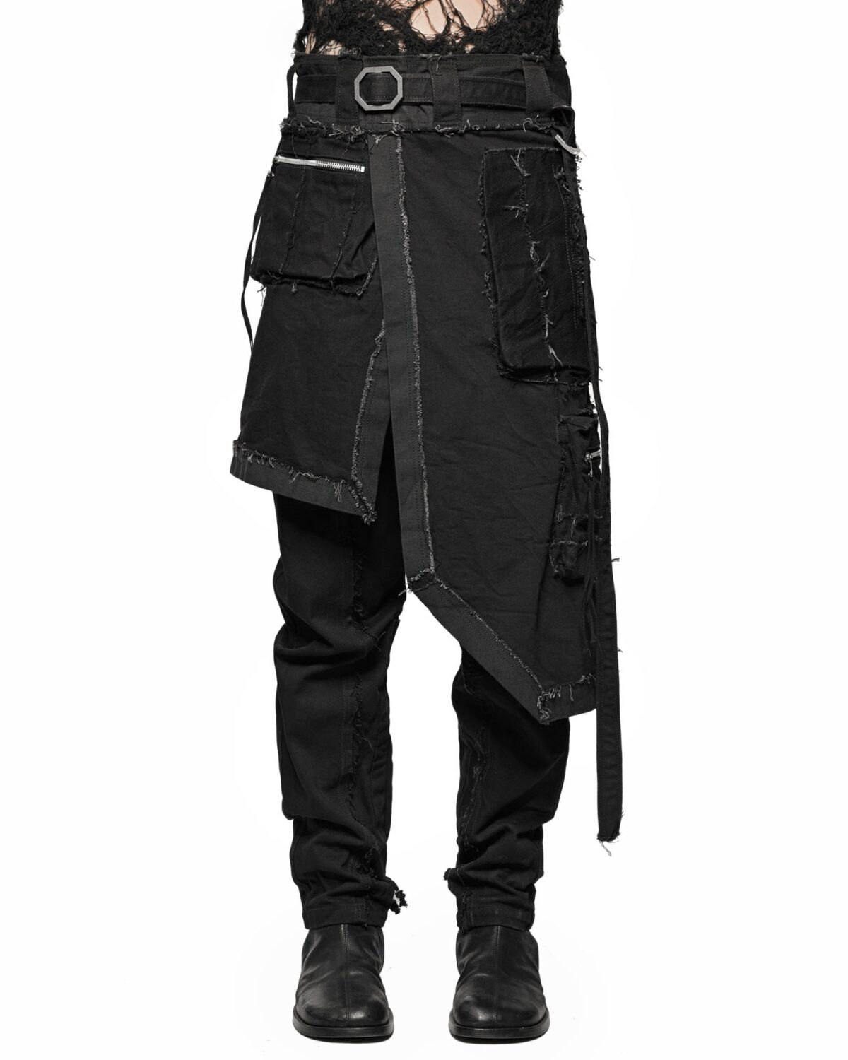 MINOAR - Cargo Multi-Cut Asymmetric Kilt, Men's black cotton with multi-segment construction - 3