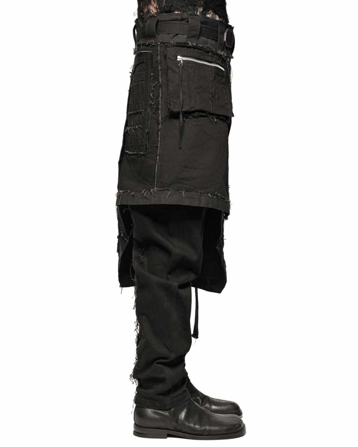 MINOAR - Cargo Multi-Cut Asymmetric Kilt, Men's black cotton with multi-segment construction - 5