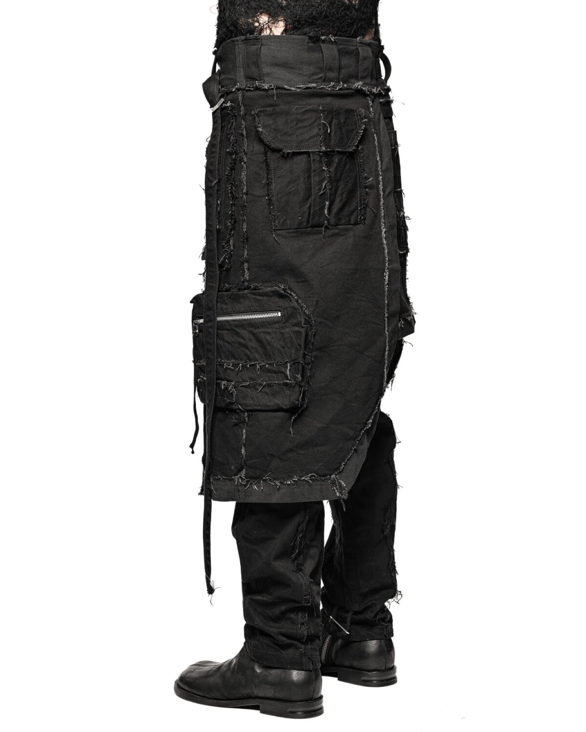 MINOAR - Cargo Multi-Cut Asymmetric Kilt, Men's black cotton with multi-segment construction - 8
