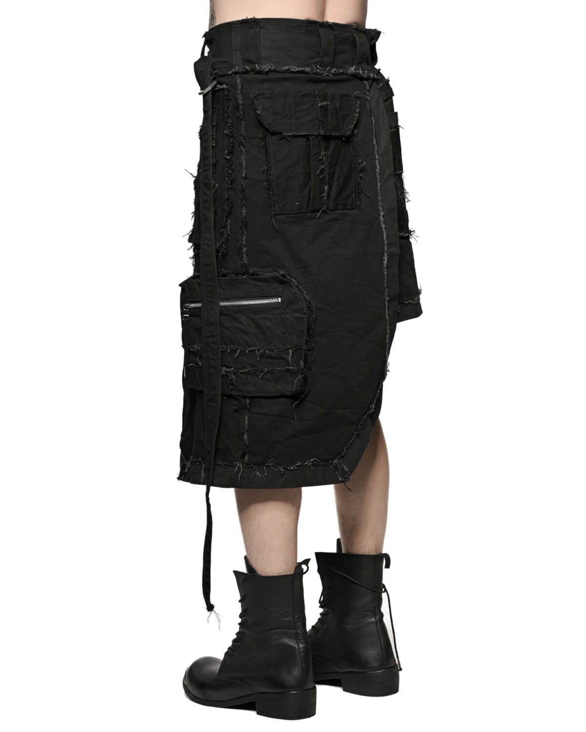 MINOAR - Cargo Multi-Cut Asymmetric Kilt, Men's black cotton with multi-segment construction - 6