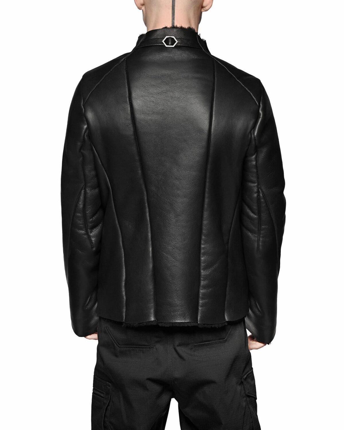 MINOAR - Shearling Multi-Cut Leather Jacket, Men's black leather jacket with steel hardware detail - 7