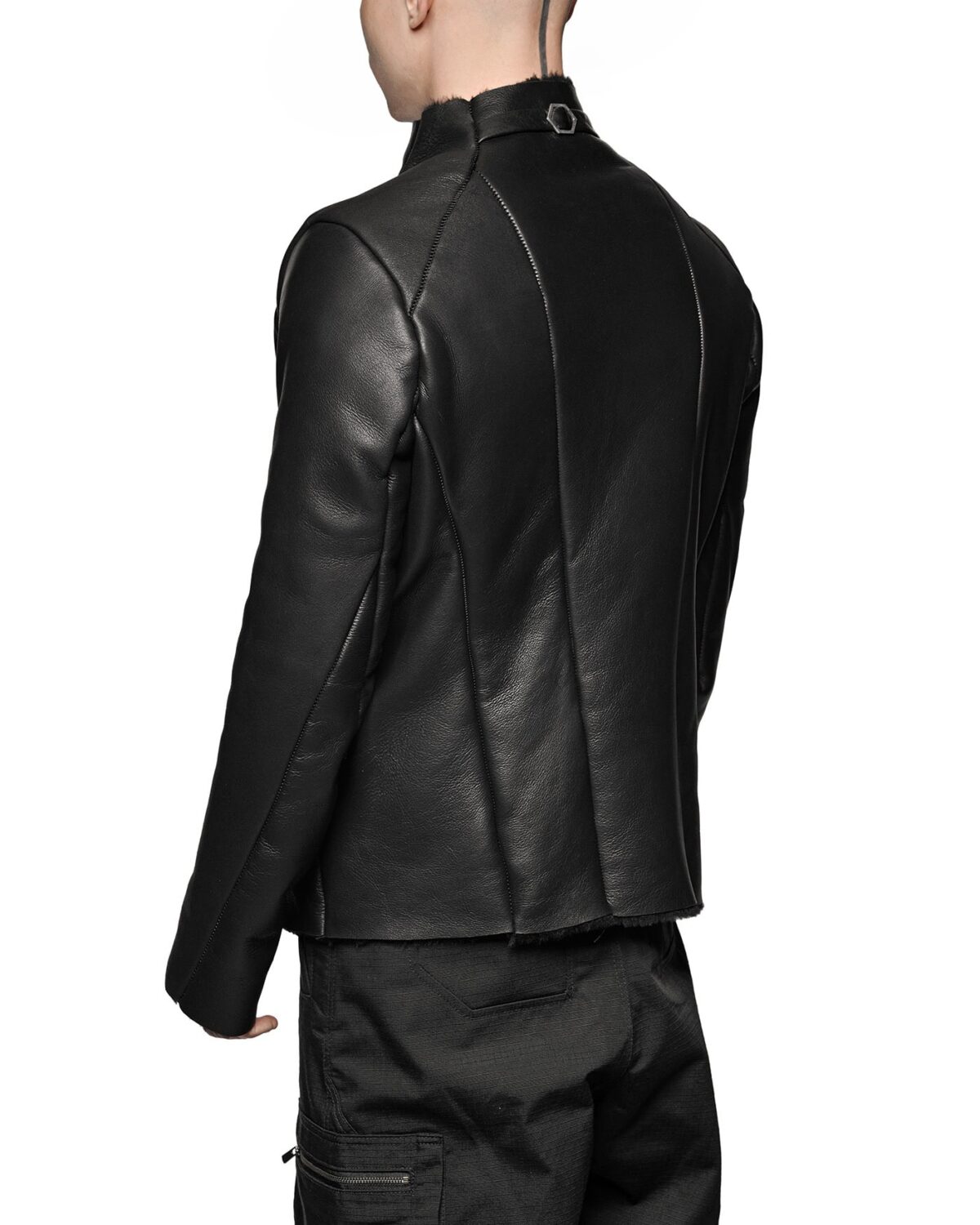 MINOAR - Shearling Multi-Cut Leather Jacket, Men's black leather jacket with steel hardware detail - 5