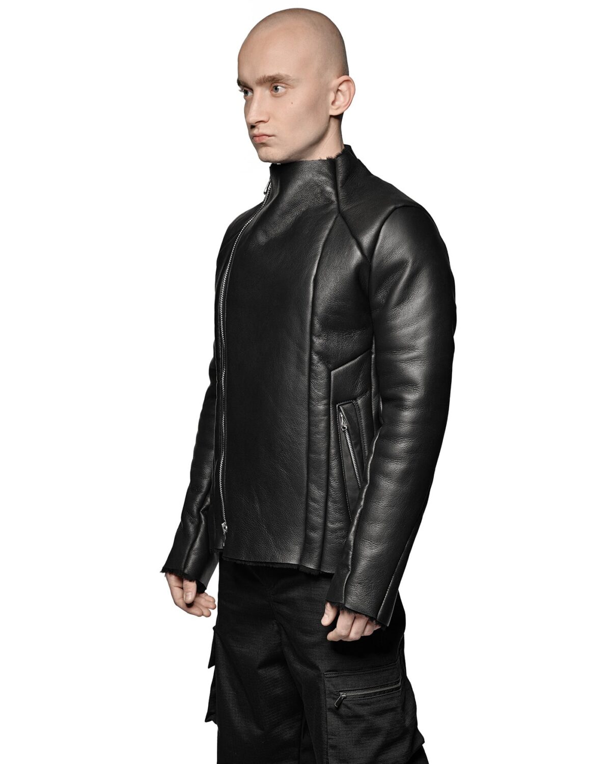 MINOAR - Shearling Multi-Cut Leather Jacket, Men's black leather jacket with steel hardware detail - 3
