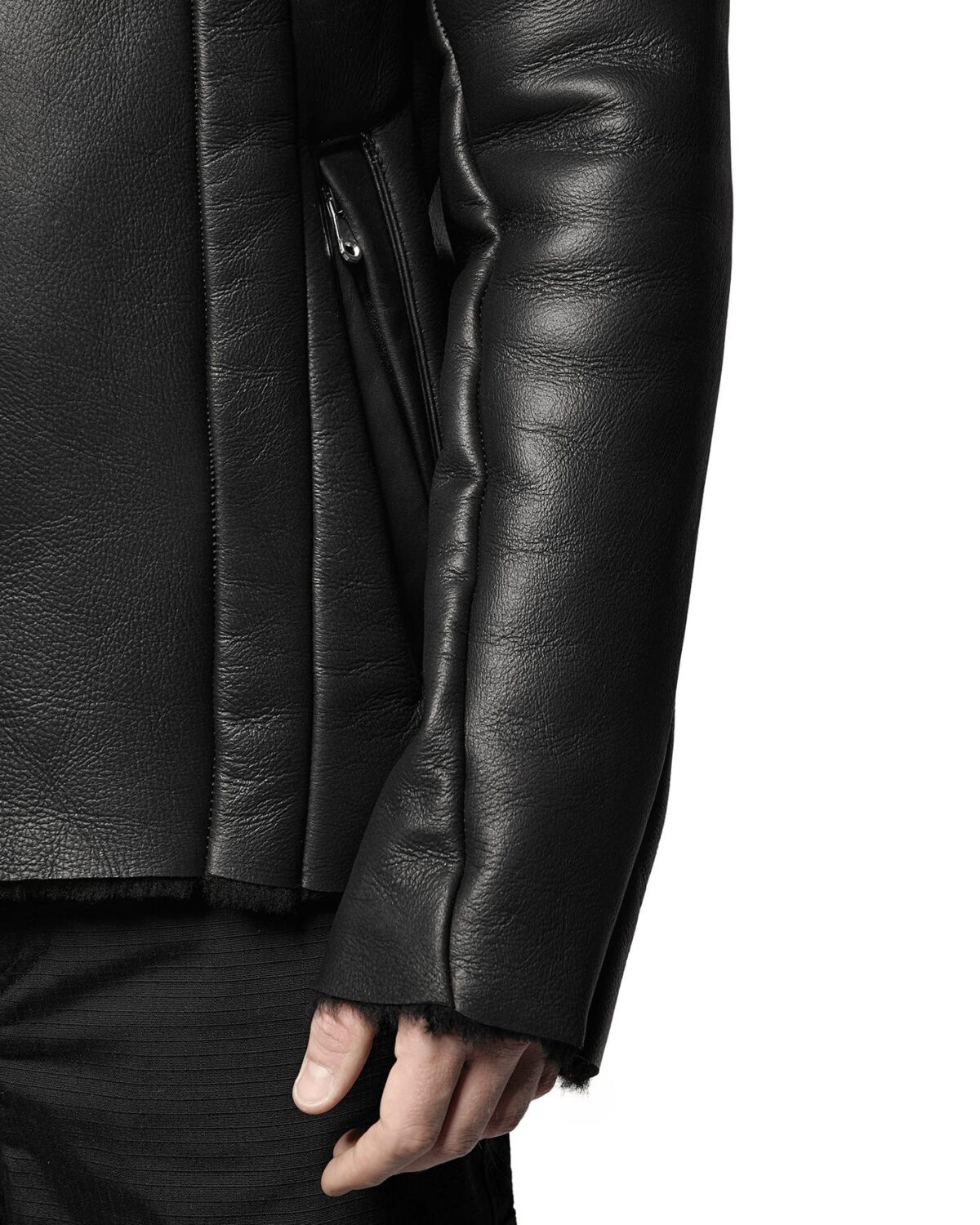 MINOAR - Shearling Multi-Cut Leather Jacket, Men's black leather jacket with steel hardware detail - 8