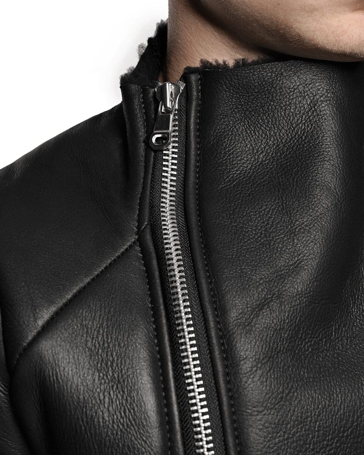 MINOAR - Shearling Multi-Cut Leather Jacket, Men's black leather jacket with steel hardware detail - 9