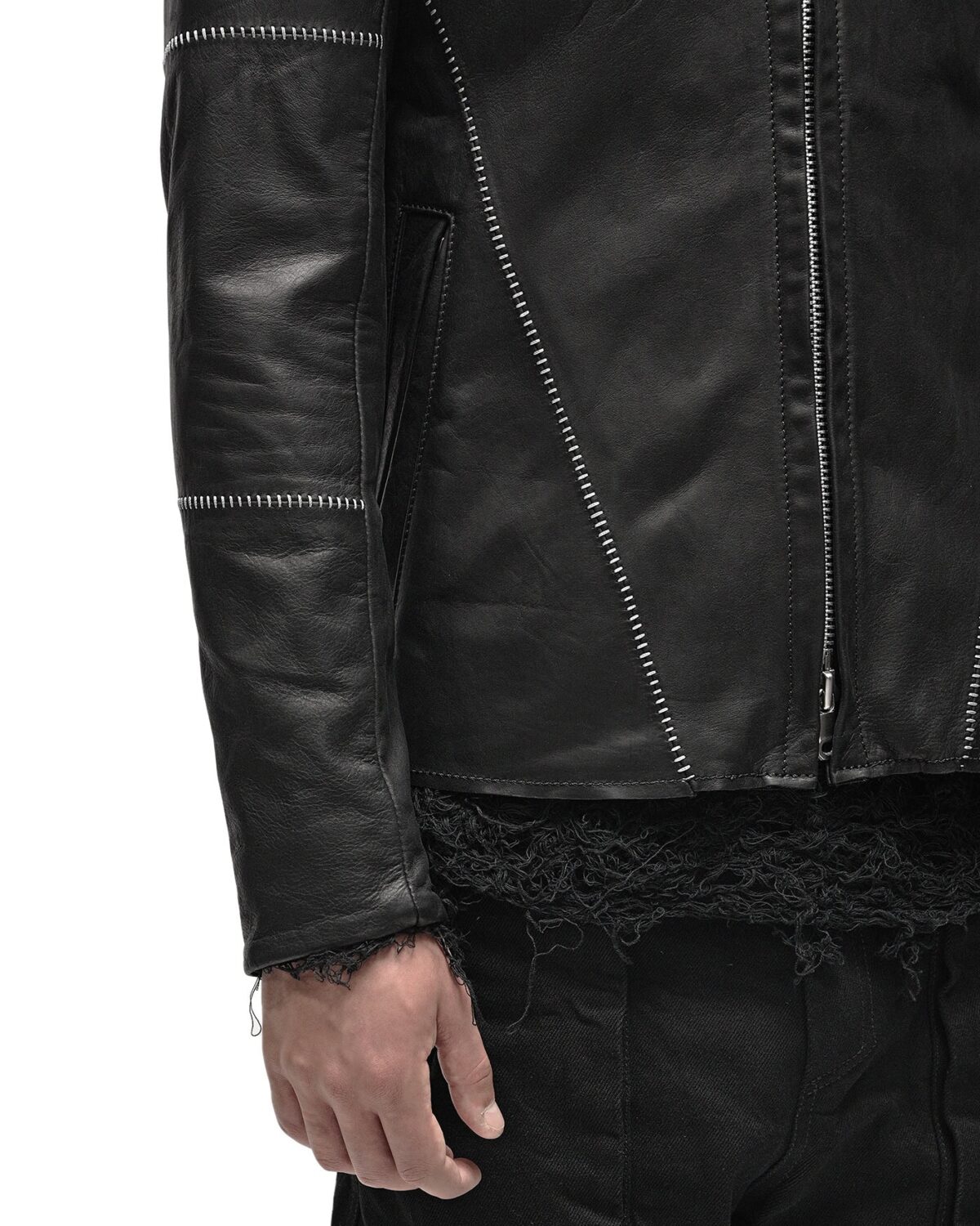 MINOAR - Biker Horse Leather Jacket, Men's black leather jacket with multi-segment construction - 10