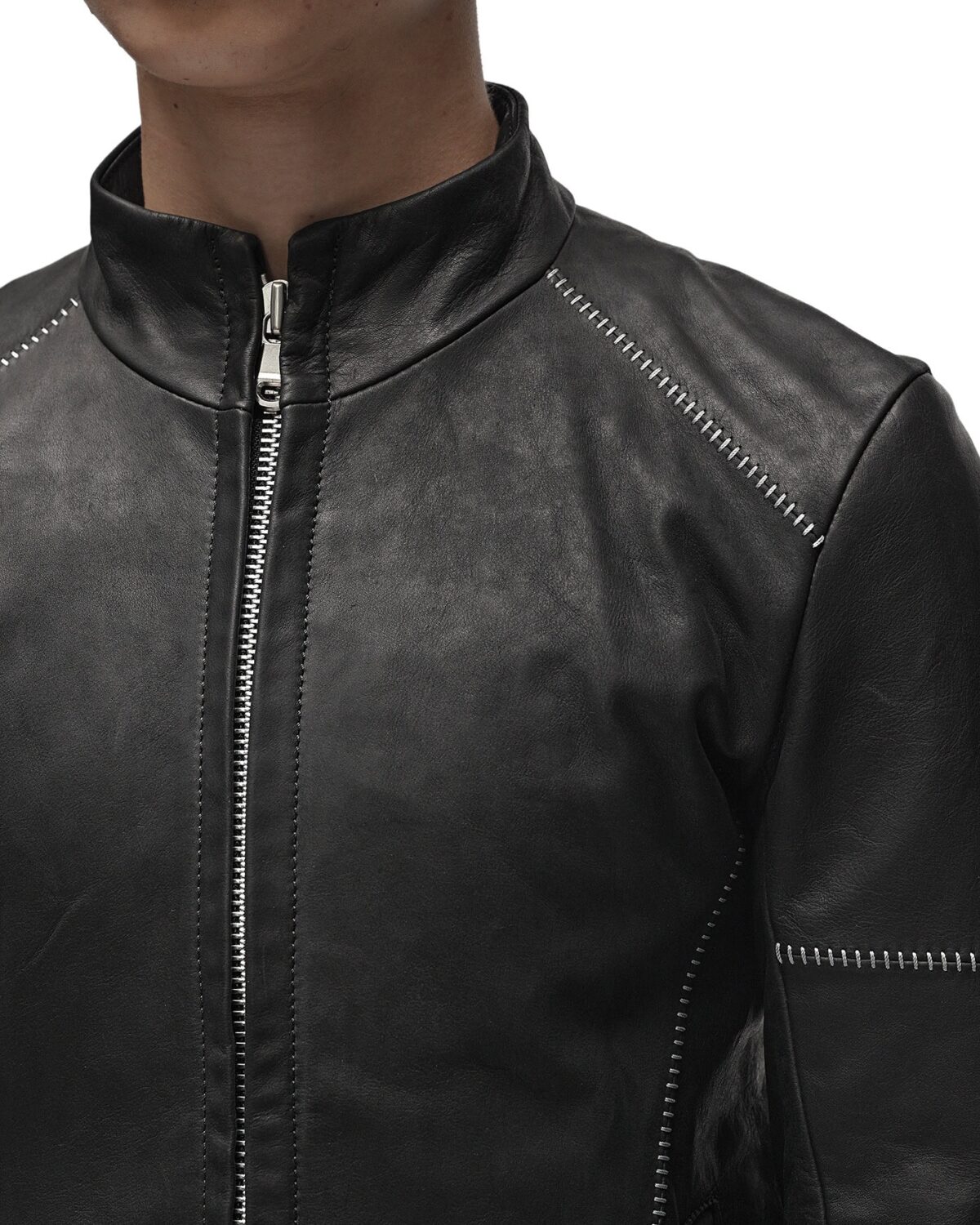 MINOAR - Biker Horse Leather Jacket, Men's black leather jacket with multi-segment construction - 8
