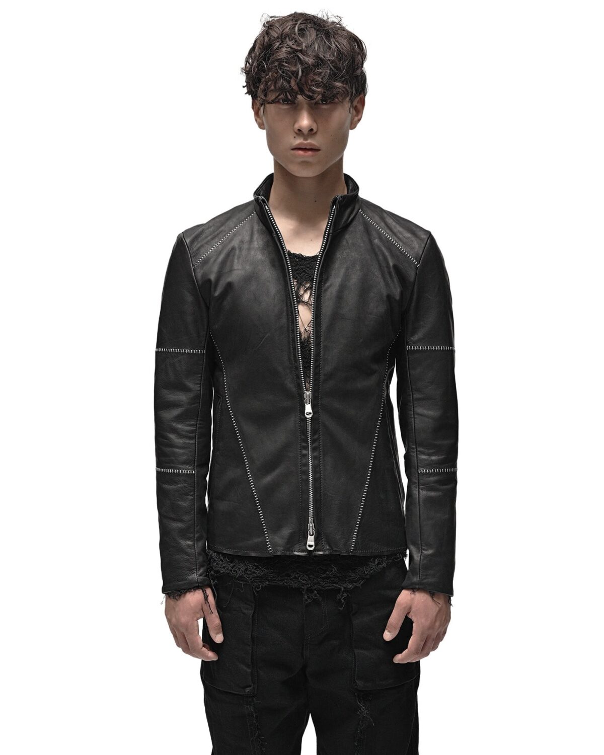 MINOAR - Biker Horse Leather Jacket, Men's black leather jacket with multi-segment construction - 4