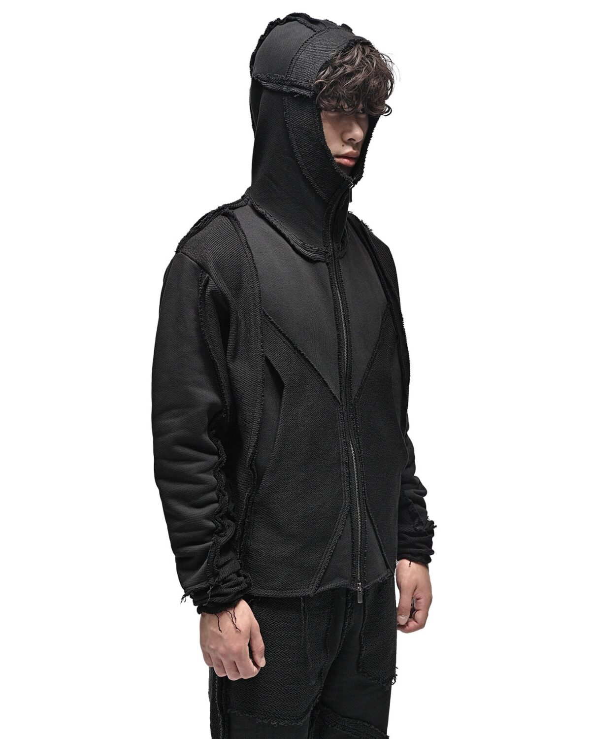 MINOAR - Reverse Edge Construct Zip Hoodie, Men's black cotton hoodie with multi-segment construction - 3