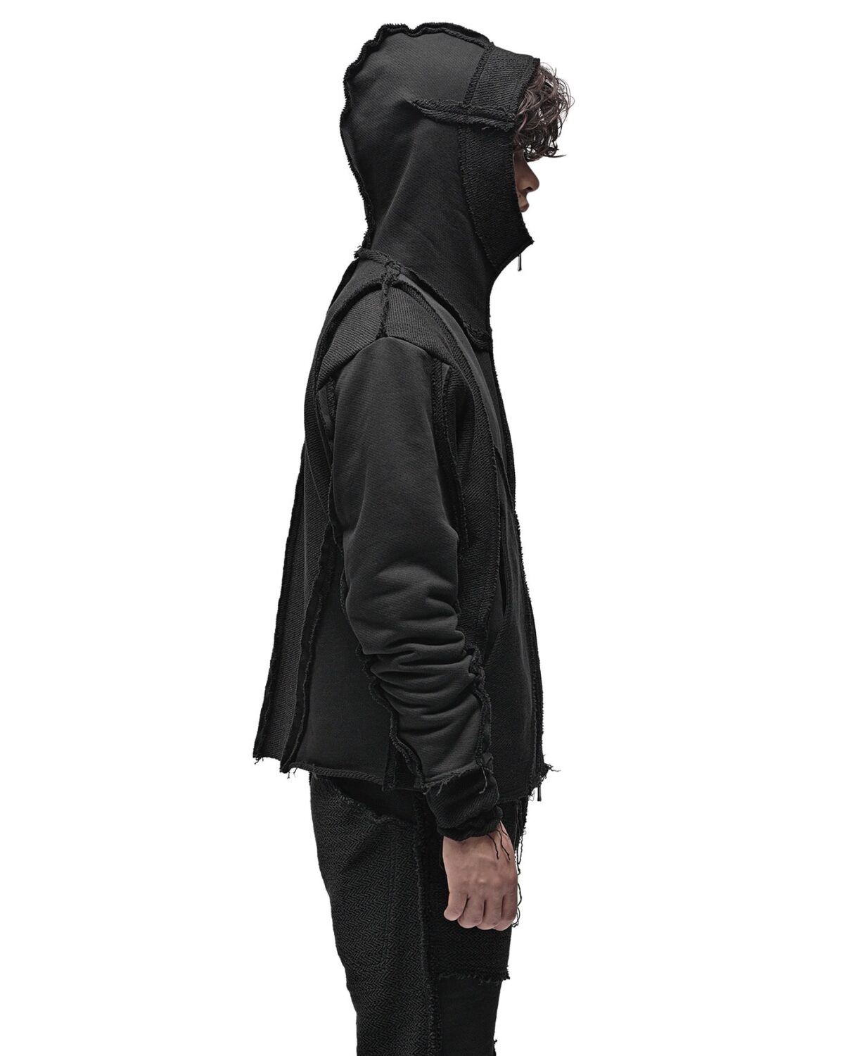 MINOAR - Reverse Edge Construct Zip Hoodie, Men's black cotton hoodie with multi-segment construction - 4