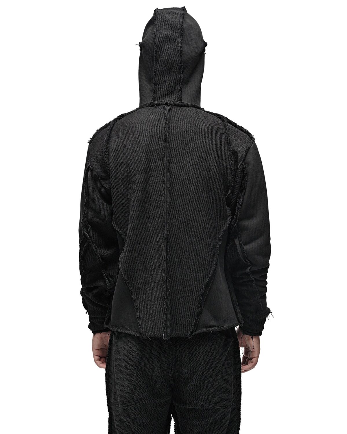 MINOAR - Reverse Edge Construct Zip Hoodie, Men's black cotton hoodie with multi-segment construction - 5