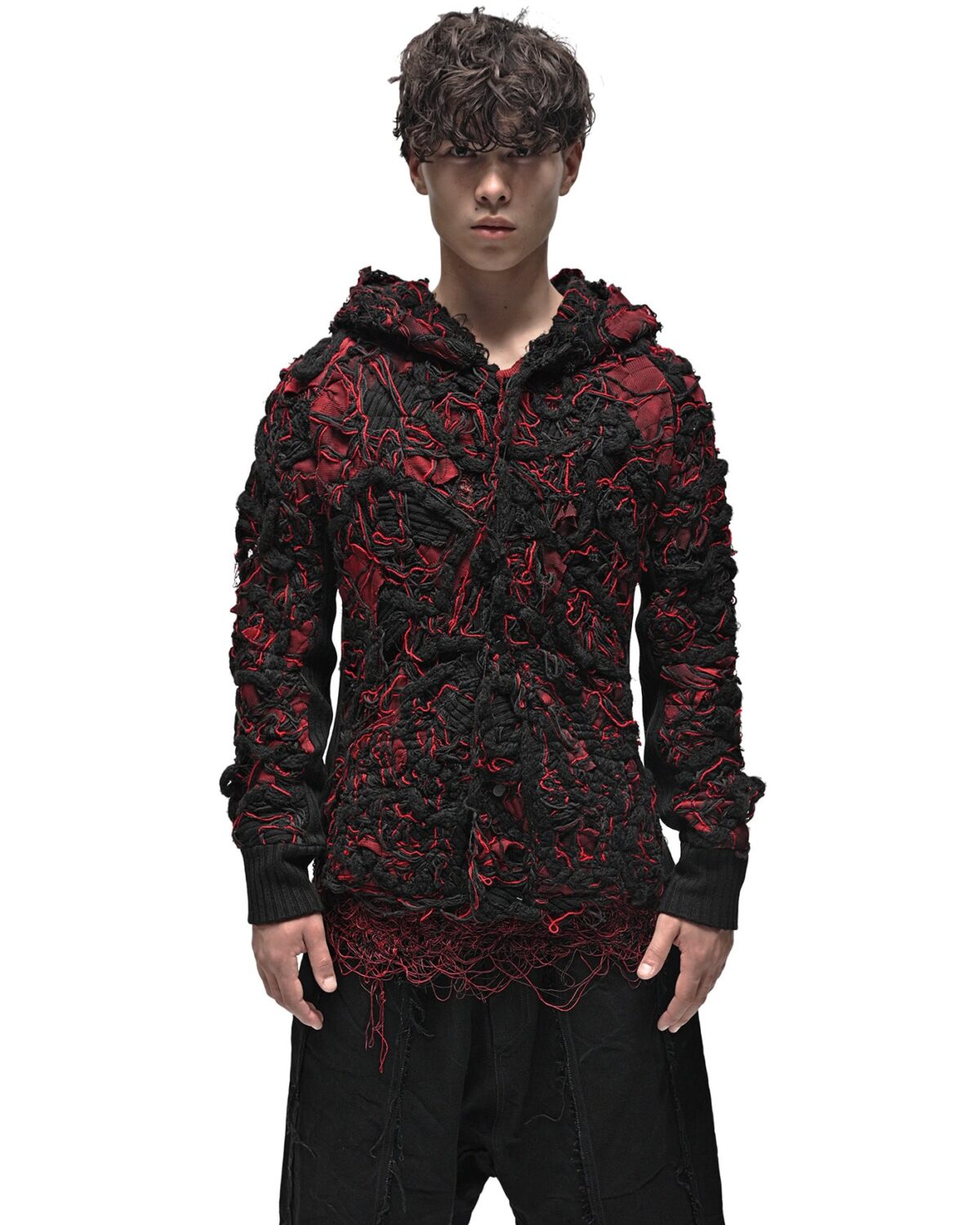 MINOAR - Fiber Bond Volcano Hooded Cardigan, Men's black cotton cardigan with Fiber-Bond texture - 3