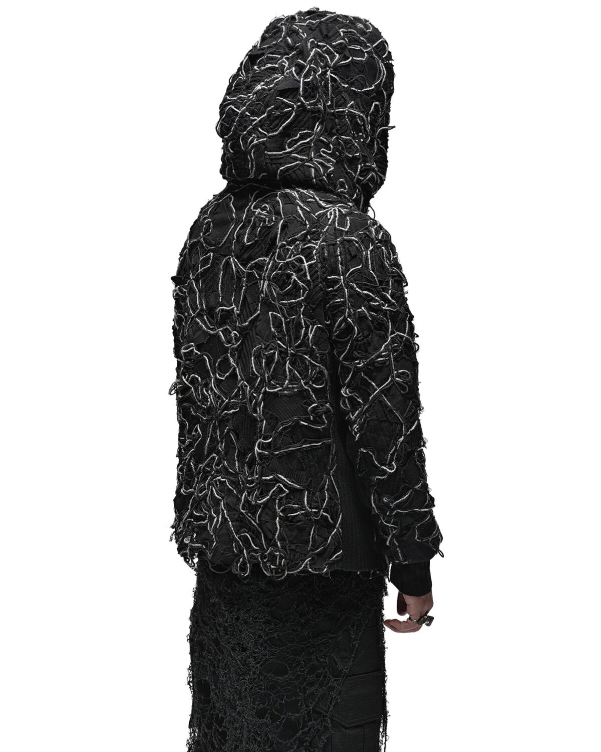 MINOAR - Fiber Bond Ashes Hooded Cardigan, Men's black cotton cardigan with Fiber-Bond texture - 6