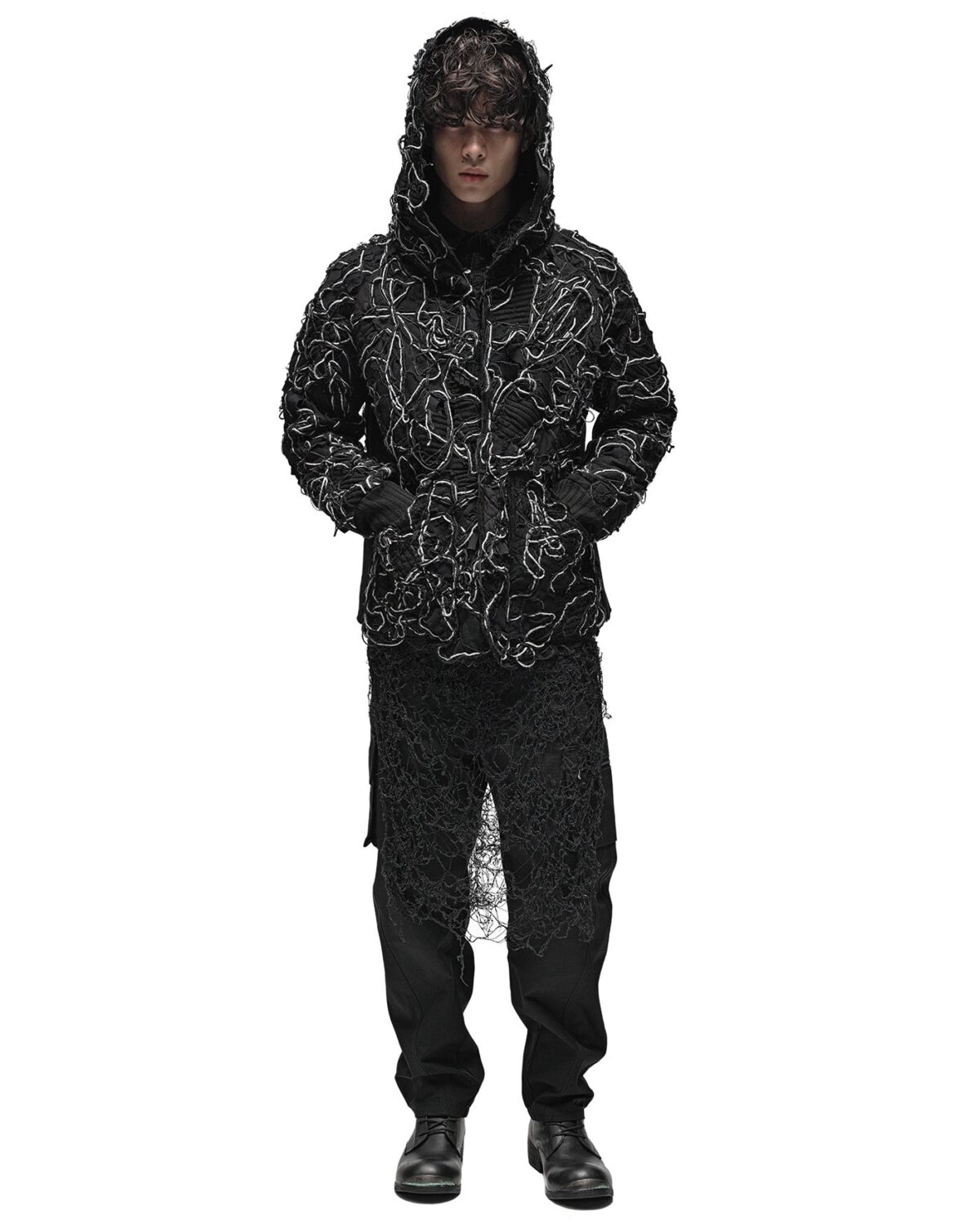 MINOAR - Fiber Bond Ashes Hooded Cardigan, Men's black cotton cardigan with Fiber-Bond texture - 8