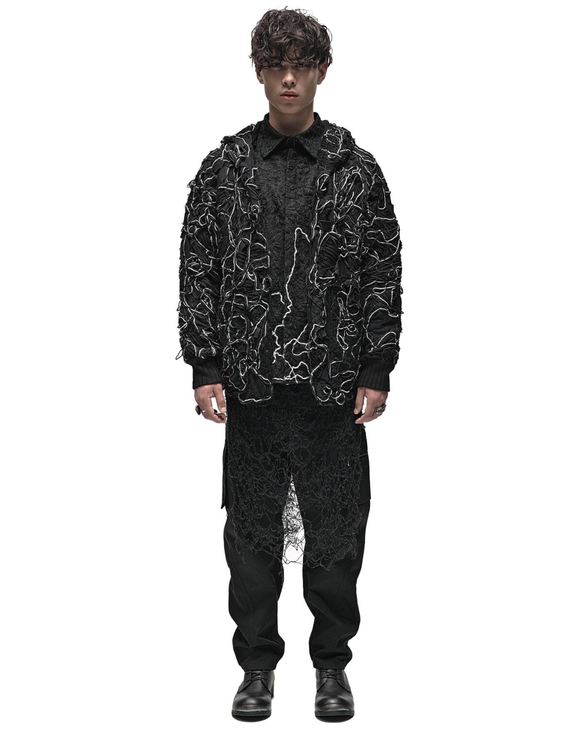 MINOAR - Fiber Bond Ashes Hooded Cardigan, Men's black cotton cardigan with Fiber-Bond texture - 3
