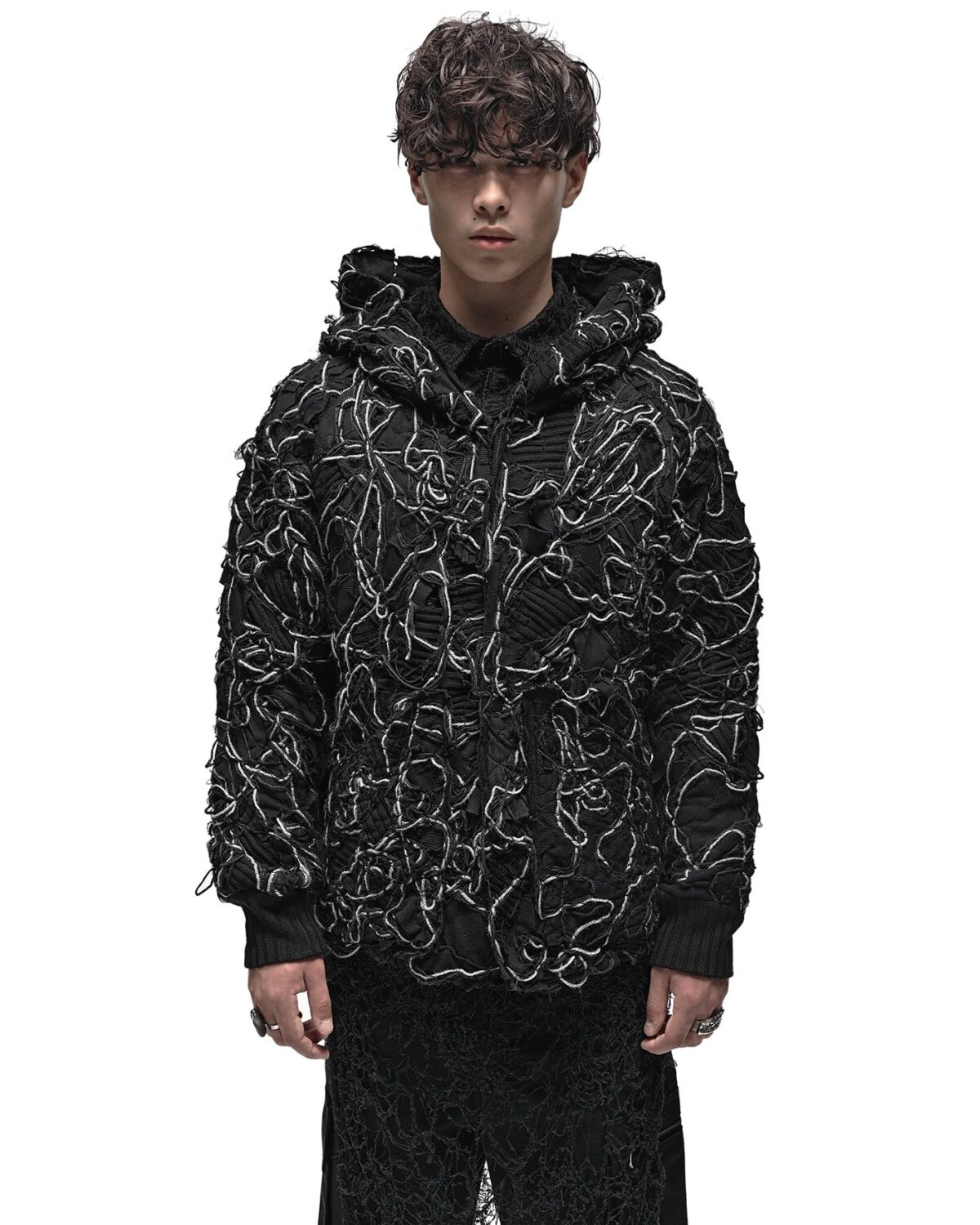 MINOAR - Fiber Bond Ashes Hooded Cardigan, Men's black cotton cardigan with Fiber-Bond texture - 4