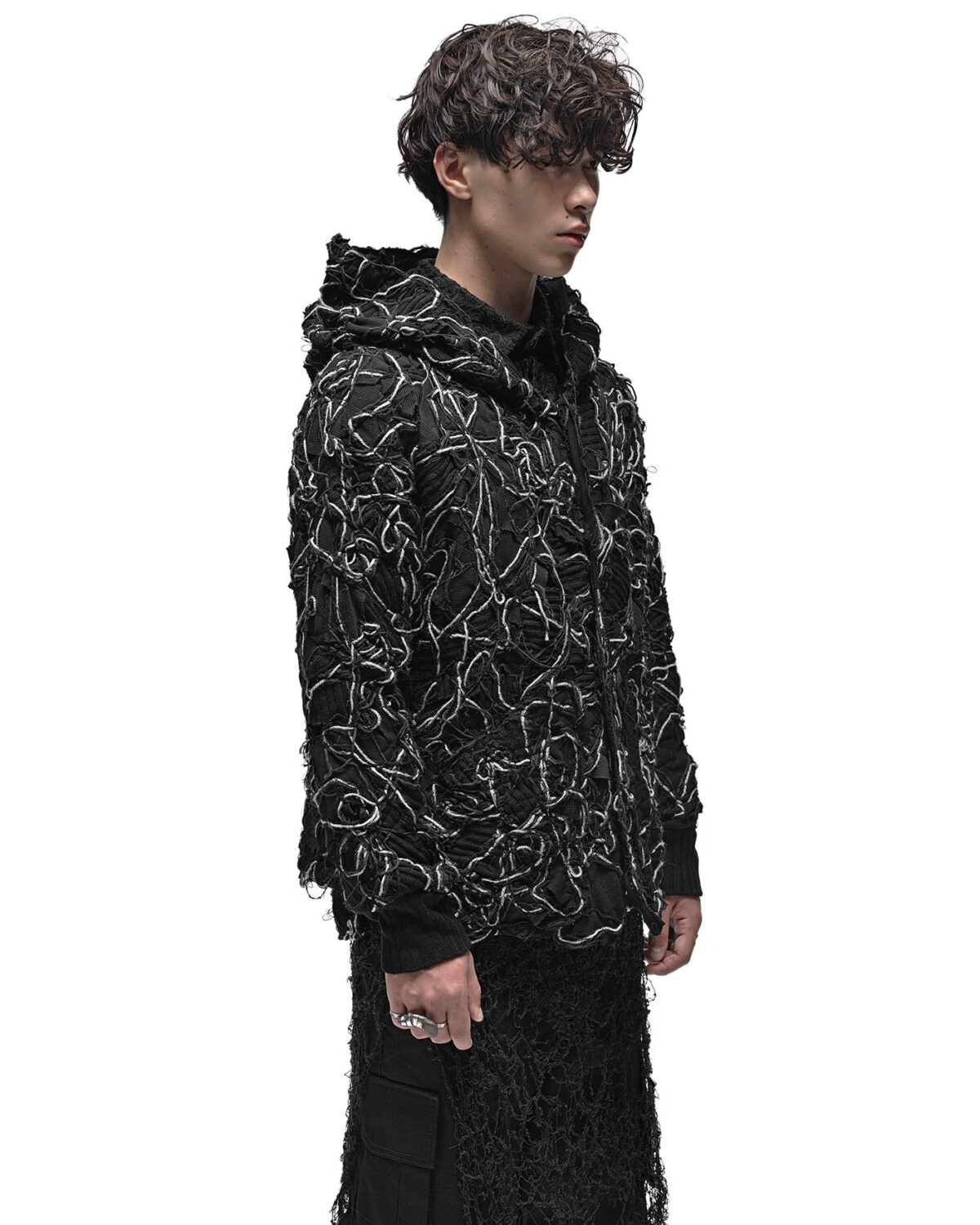 MINOAR - Fiber Bond Ashes Hooded Cardigan, Men's black cotton cardigan with Fiber-Bond texture - 5