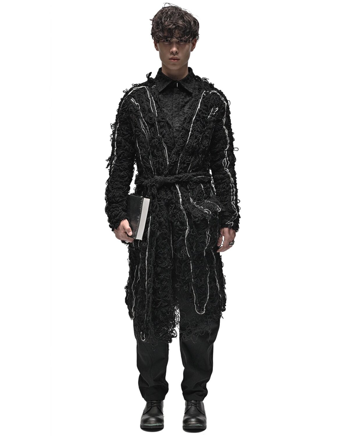 MINOAR - Fiber Bond Oracle Long Cardigan, Men's black cotton cardigan with Fiber-Bond texture - 3