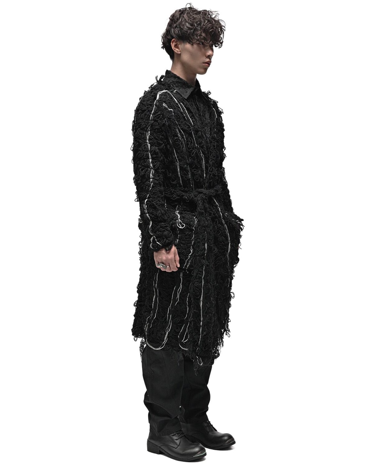 MINOAR - Fiber Bond Oracle Long Cardigan, Men's black cotton cardigan with Fiber-Bond texture - 4