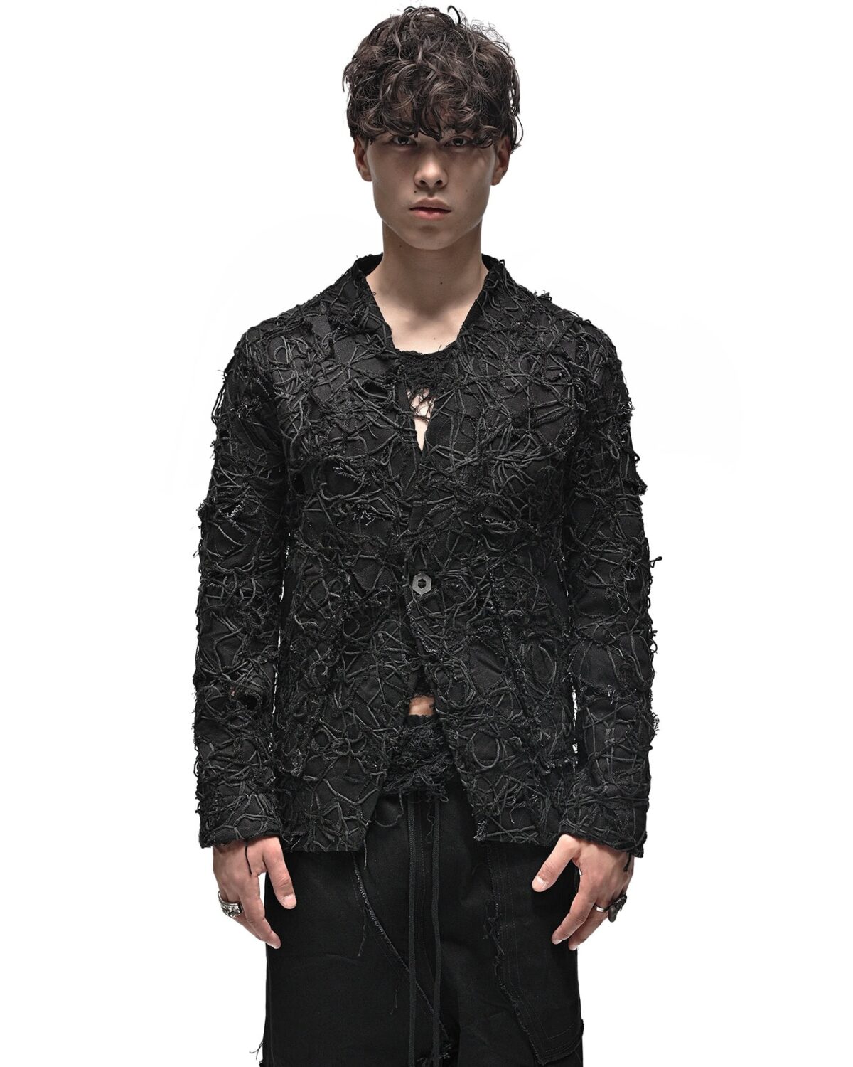 MINOAR - Fiber Bond Patchwork Denim Blazer, Men's black cotton blazer with Fiber-Bond texture - 3