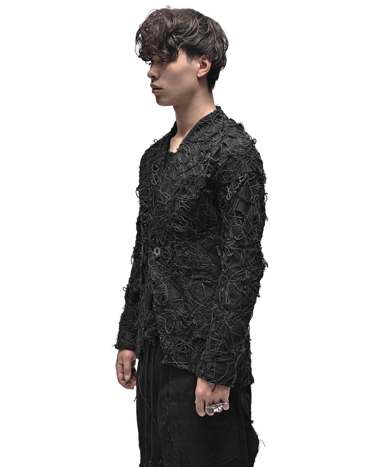 MINOAR - Fiber Bond Patchwork Denim Blazer, Men's black cotton blazer with Fiber-Bond texture - 4