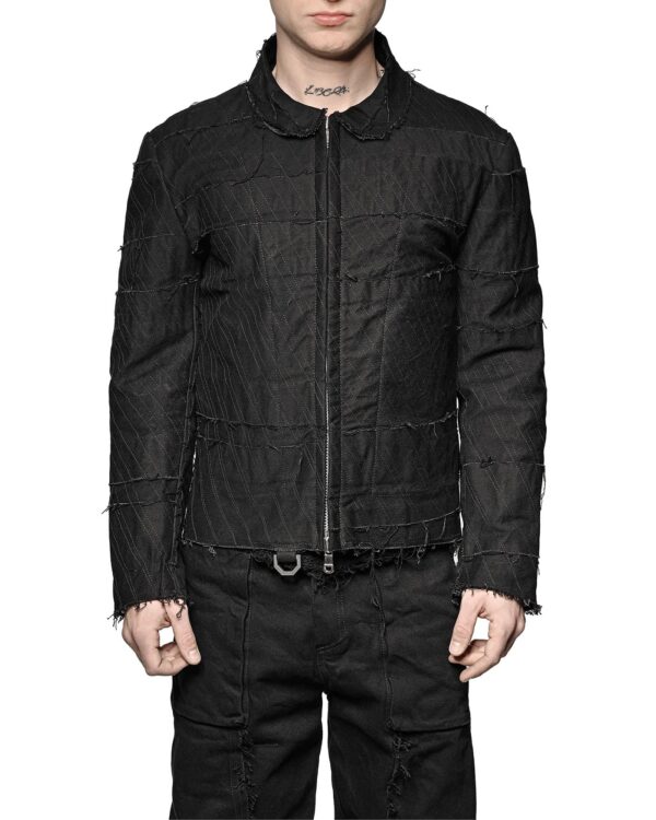 MINOAR - Linear Multi-Cut Split Jacket, Men's black cotton jacket with steel hardware detail - 1