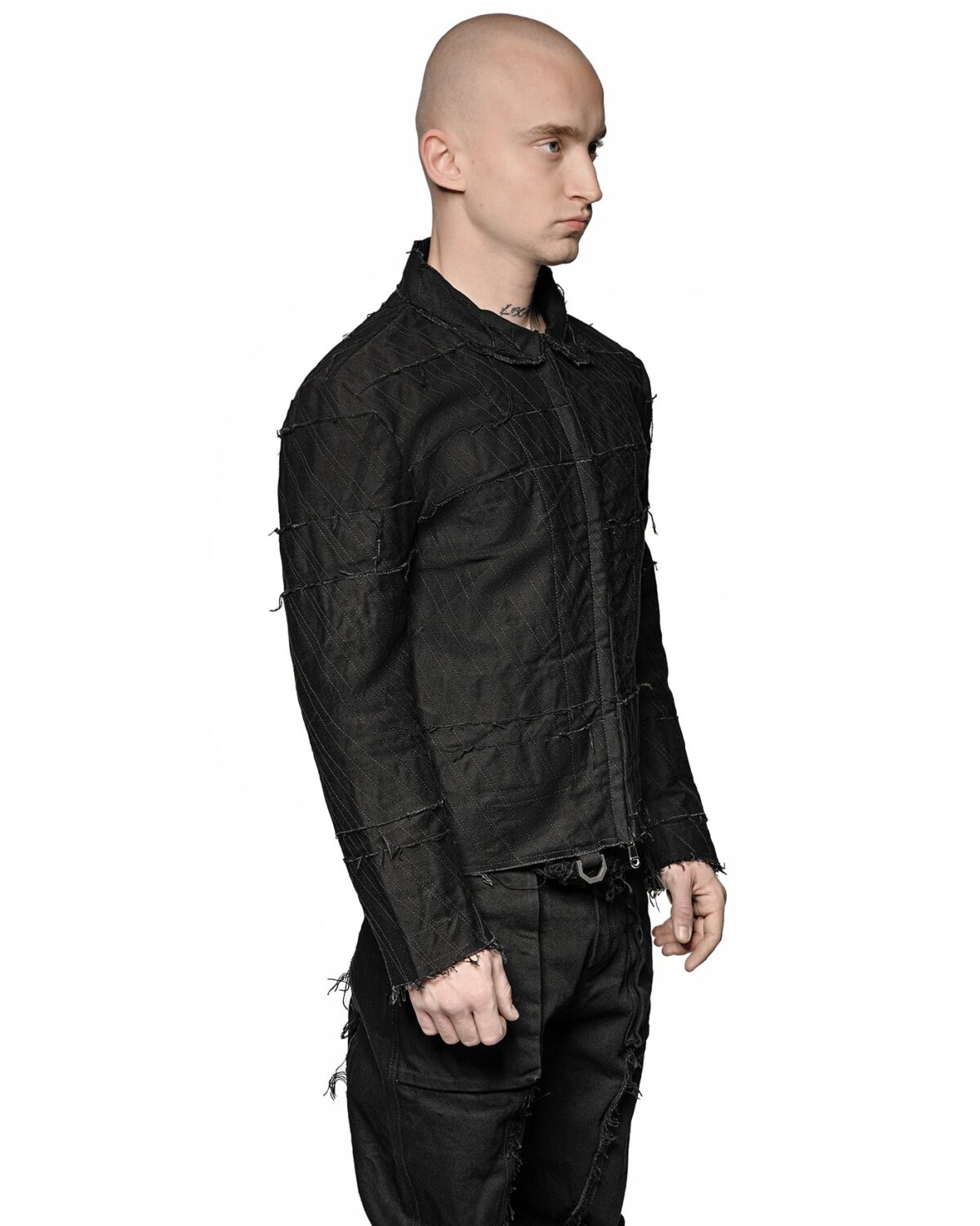 MINOAR - Linear Multi-Cut Split Jacket, Men's black cotton jacket with steel hardware detail - 3