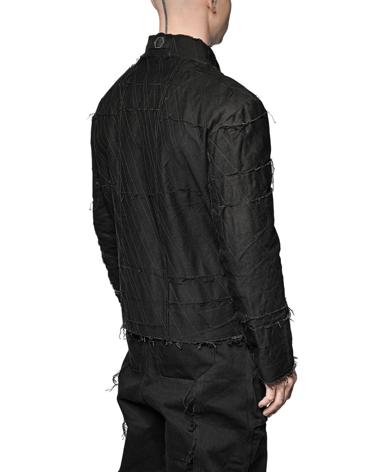 MINOAR - Linear Multi-Cut Split Jacket, Men's black cotton jacket with steel hardware detail - 4