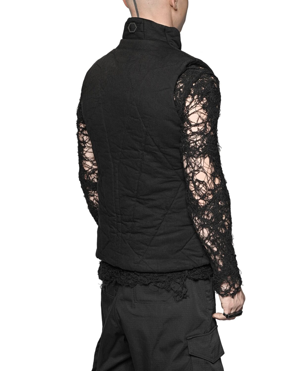 MINOAR - Linear Quilt Denim Puffer Vest, Men's black cotton vest with raised collar - 6