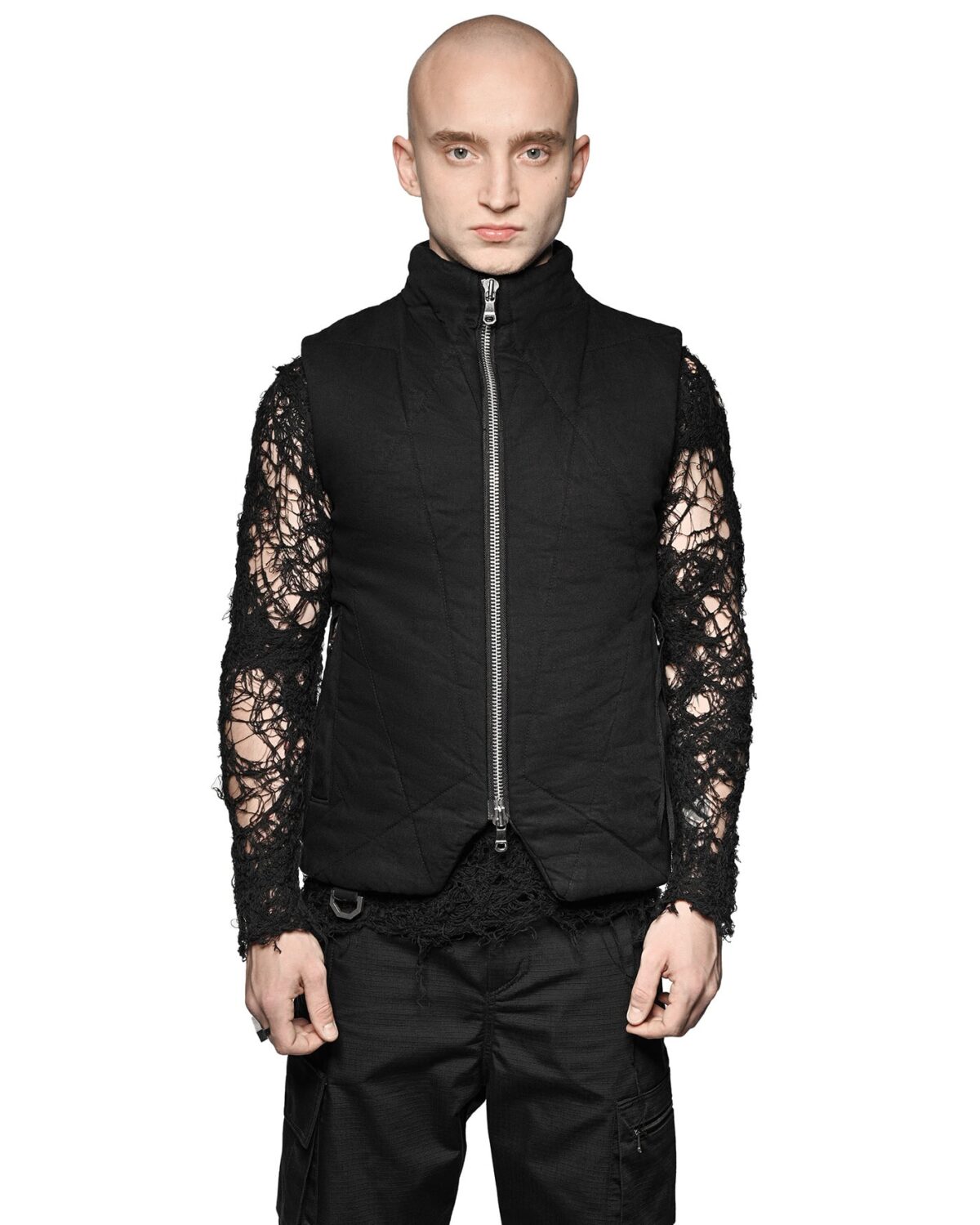 MINOAR - Linear Quilt Denim Puffer Vest, Men's black cotton vest with raised collar - 4