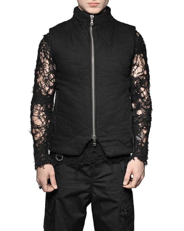MINOAR - Linear Quilt Denim Puffer Vest, Men's black cotton vest with raised collar - 1