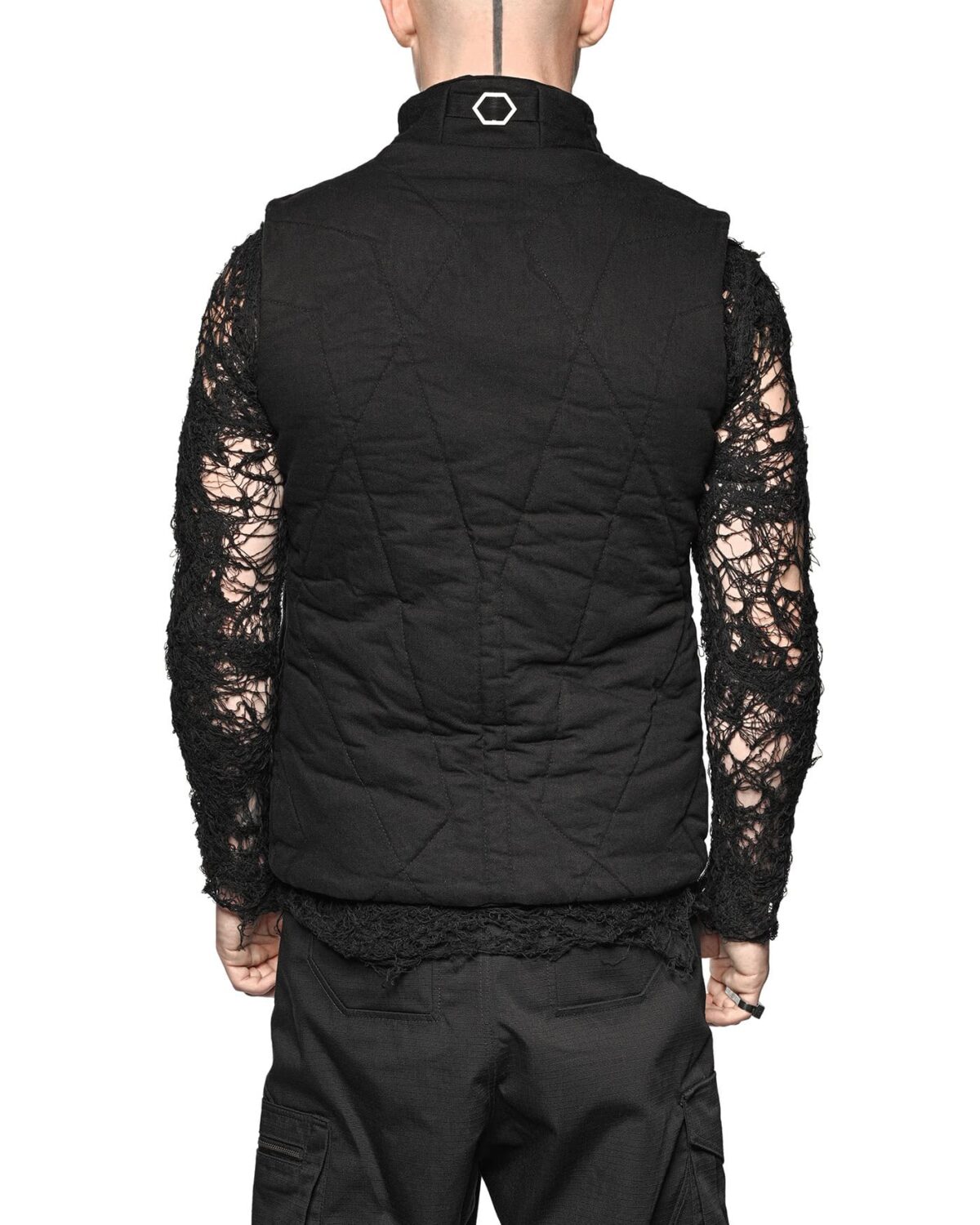 MINOAR - Linear Quilt Denim Puffer Vest, Men's black cotton vest with raised collar - 7