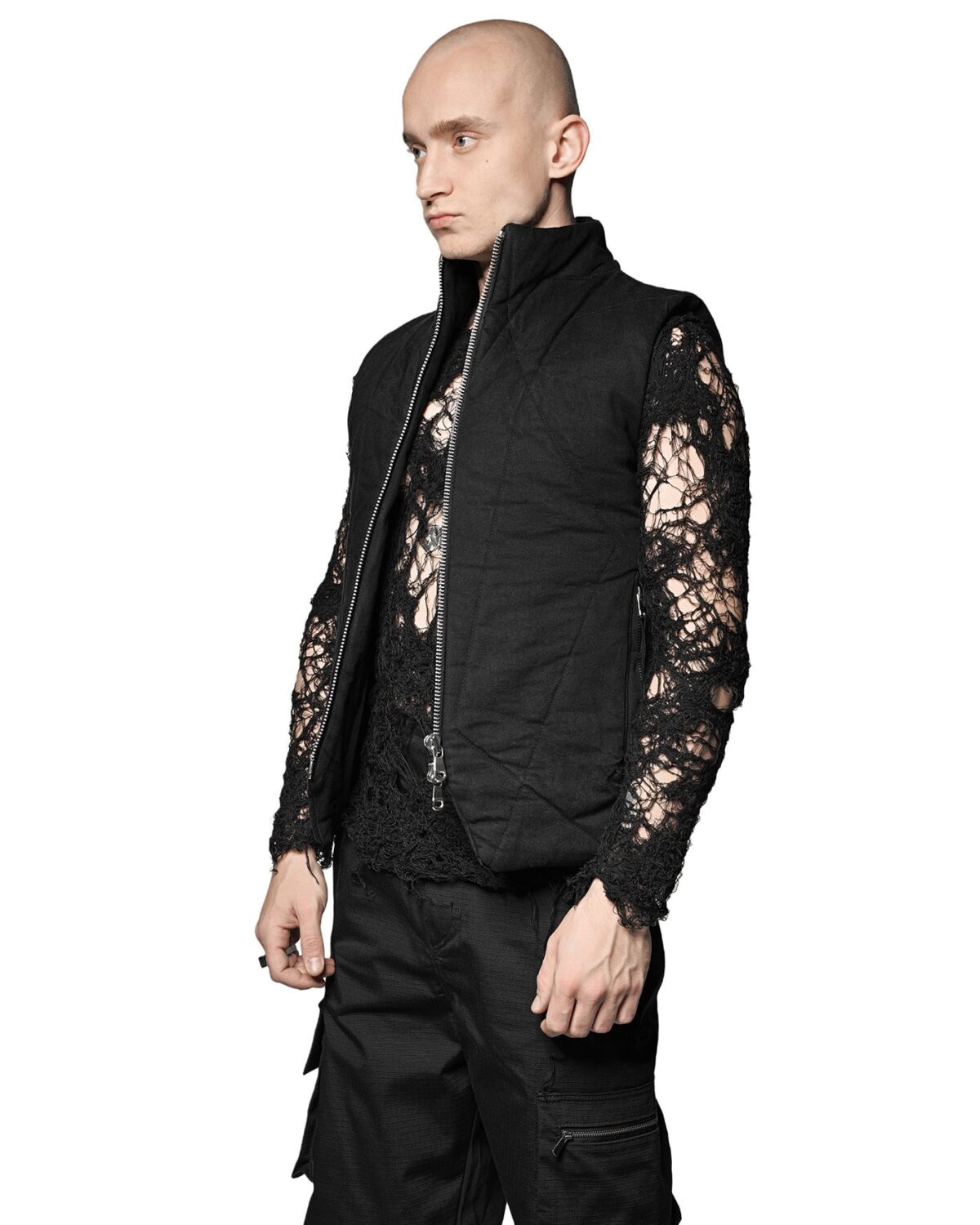 MINOAR - Linear Quilt Denim Puffer Vest, Men's black cotton vest with raised collar - 5