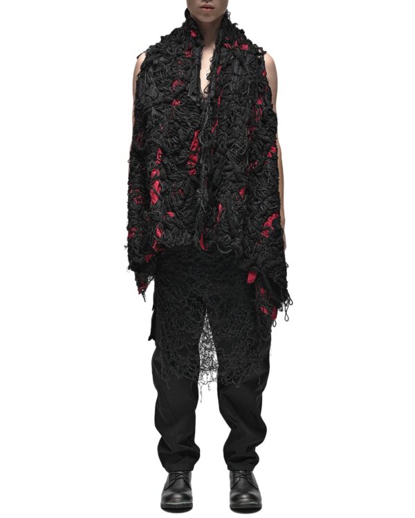 MINOAR - Fiber Bond Patch Volume Sleeveless Cardigan, Men's black cotton cardigan with Fiber-Bond texture - 1