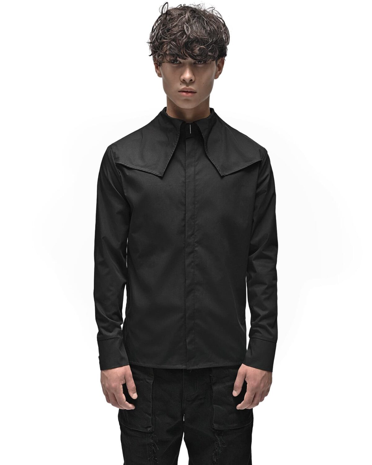 MINOAR - Angle Layered Cult Collar Shirt, Men's black cotton shirt with layered construction - 3
