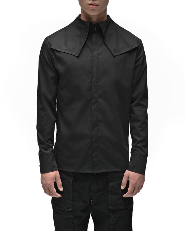 MINOAR - Angle Layered Cult Collar Shirt, Men's black cotton shirt with layered construction - 1