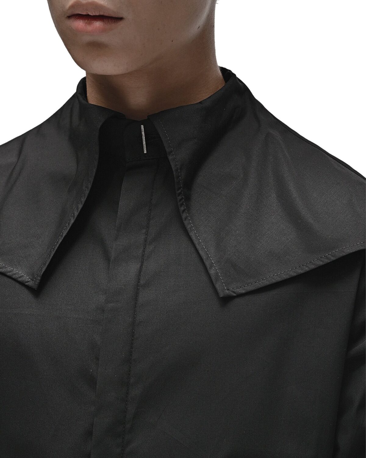 MINOAR - Angle Layered Cult Collar Shirt, Men's black cotton shirt with layered construction - 6