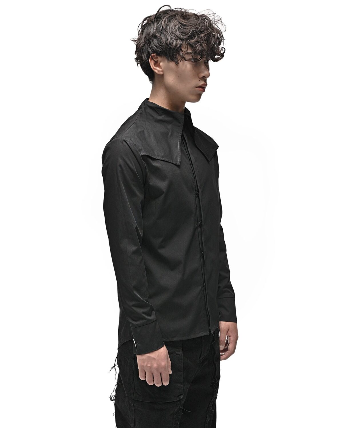 MINOAR - Angle Layered Cult Collar Shirt, Men's black cotton shirt with layered construction - 4
