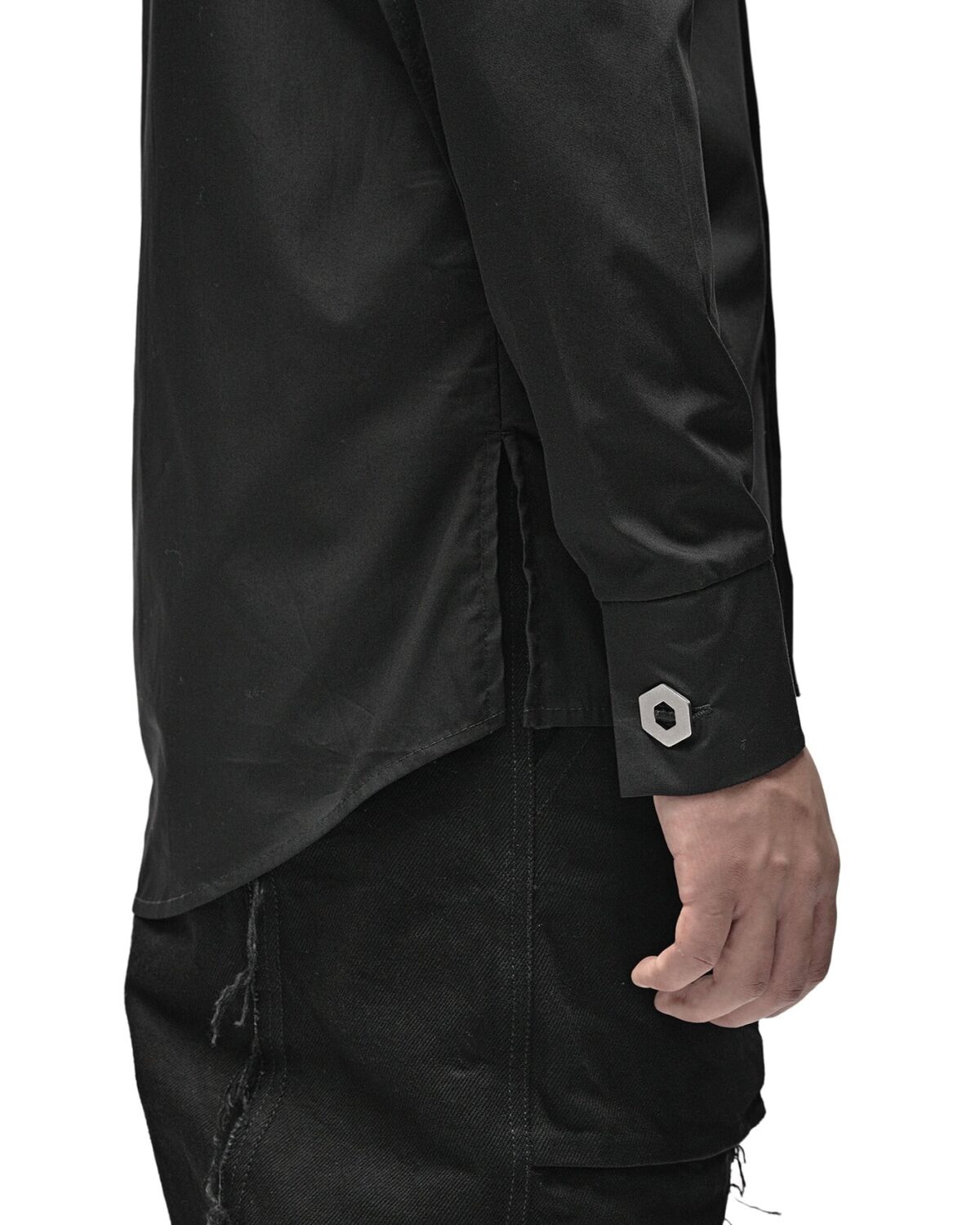 MINOAR - Angle Layered Cult Collar Shirt, Men's black cotton shirt with layered construction - 7