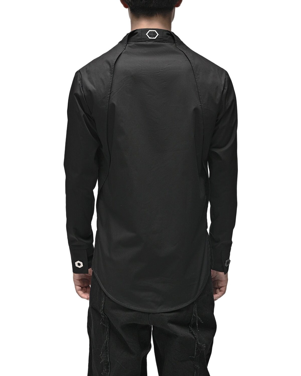 MINOAR - Angle Layered Cult Collar Shirt, Men's black cotton shirt with layered construction - 5