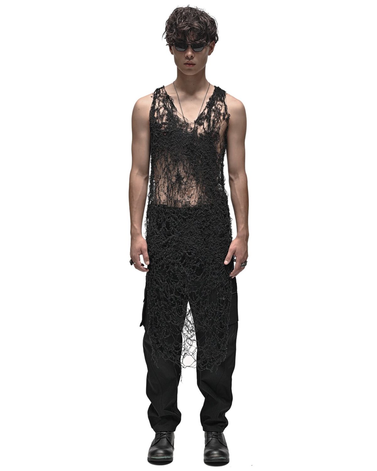 MINOAR - Fiber Bond Soft Sheer Long Top, Men's black cotton top with Fiber-Bond texture - 3